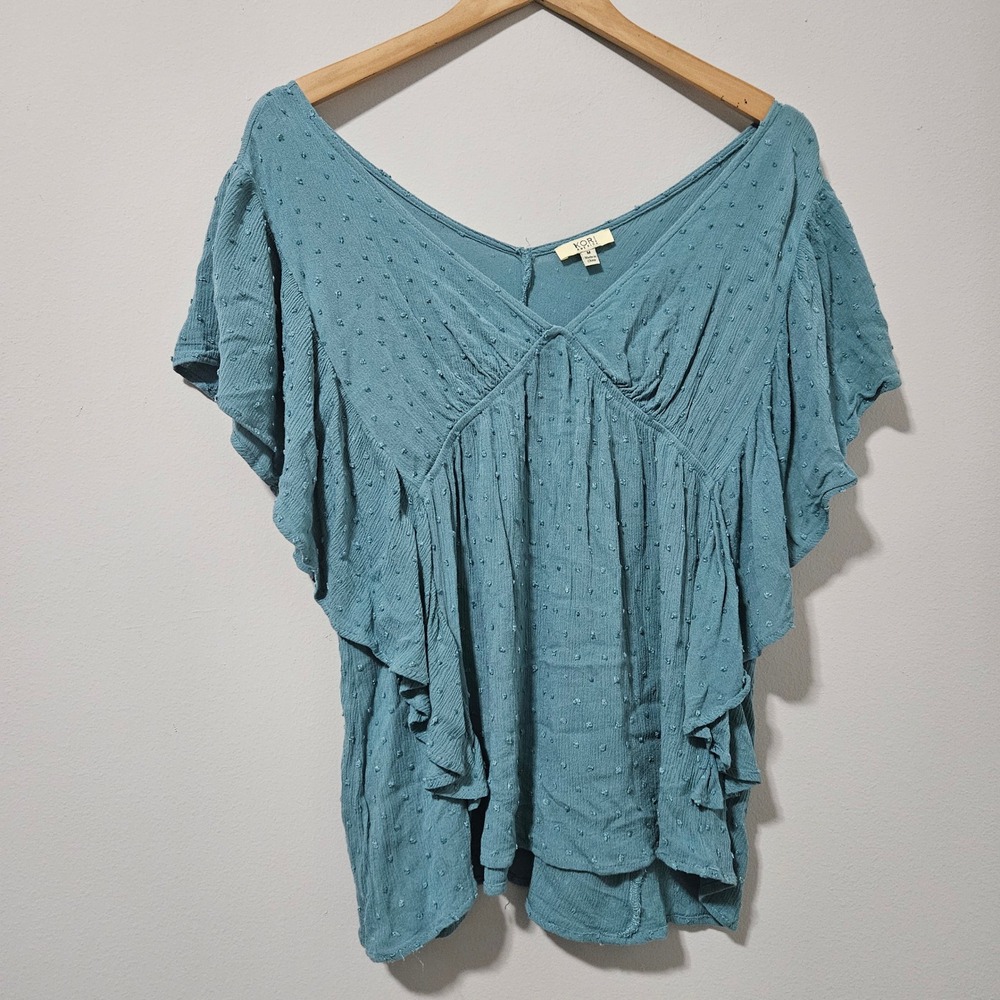 Kori America Swiss Dot Ruffle Butterfly Sleeve V-Neck Top Teal Blue H5339RE Medi